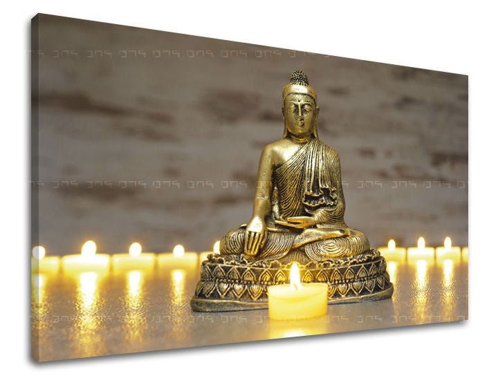 Klasický obraz na plátne s motívom FENG SHUI, príroda v zlatých odtieňoch, pokojná atmosféra, duchovnosť a vnútorný pokoj, vhodný do obývačky – hlavný