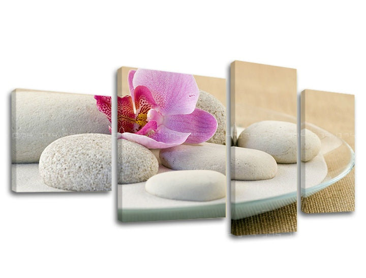 Klasický obraz na plátne s motívom FENG SHUI v bielo-béžových odtieňoch, pokojná atmosféra, príroda a minimalizmus, viacdielné prevedenie, vhodný do obývačky – hlavný