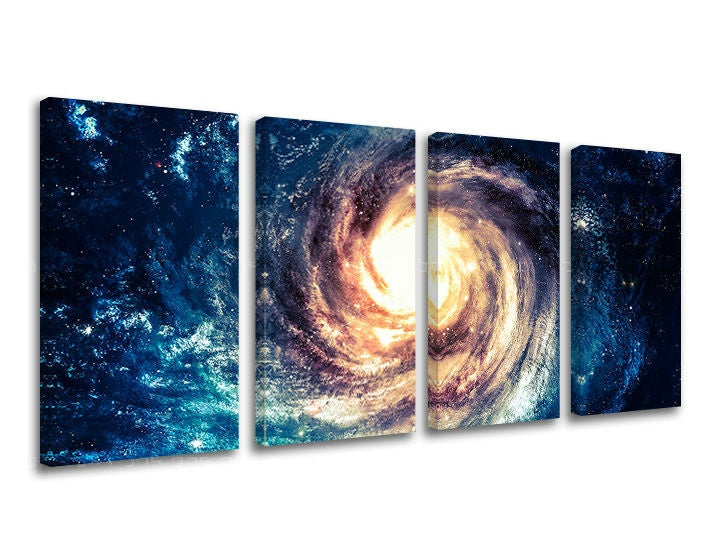 Obraz na plátne s motívom galaxia, hviezdy, vesmír v modro-zlatých odtieňoch, majestátna atmosféra, viacdielné prevedenie, vhodný do pracovne – hlavný