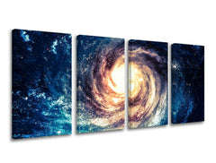 Obraz na plátne s motívom galaxia, hviezdy, vesmír v modro-zlatých odtieňoch, majestátna atmosféra, viacdielné prevedenie, vhodný do pracovne – hlavný