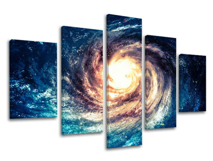 Klasický obraz na plátne s motívom galaxia, hviezdy, vesmír v fialovo-modrých odtieňoch, majestátna atmosféra, viacdielné prevedenie, vhodný do obývačky – hlavný
