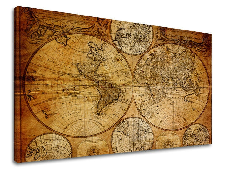 V boho štýle obraz na plátne s motívom mapa sveta, cestovateľský motív, inšpiratívny motív, mapa, more a pláž v béžovo-hnedých odtieňoch, vhodný do kancelárie – hlavný