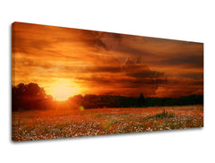 Klasický obraz na plátne s motívom PANORÁMA KRAJINA, západ slnka, oblaky, obloha, krajina v bielo-oranžových odtieňoch, pokojná atmosféra, vhodný do obývačky – hlavný