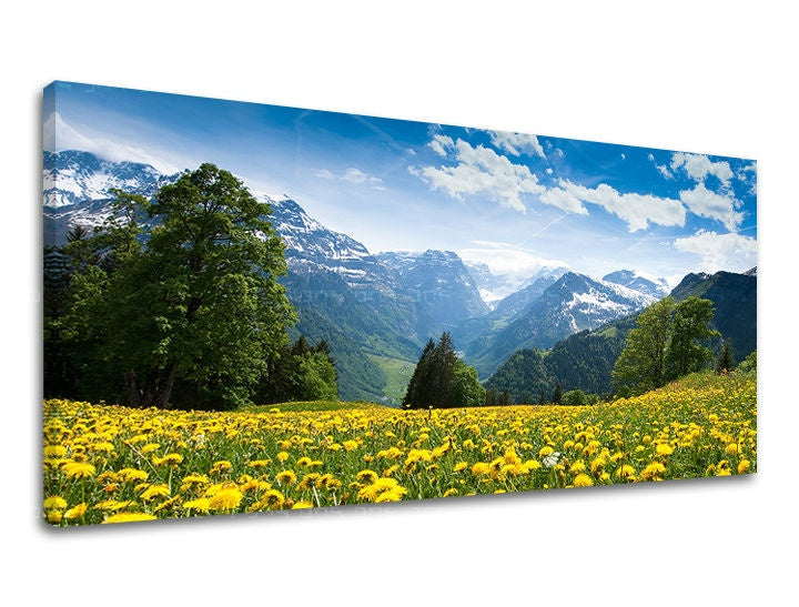 Klasický obraz na plátne s motívom PANORÁMA KRAJINA, krajina, kvety, príroda v bielo-modrých odtieňoch, pokojná atmosféra, príroda a jarná atmosféra – hlavný