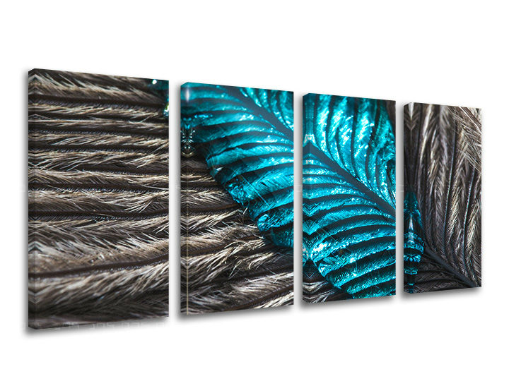 Industriálny obraz na plátne s motívom RASTLINY, pierko, textúra, náboženský motív v hnedo-modrých odtieňoch, pokojná atmosféra, viacdielné prevedenie – hlavný
