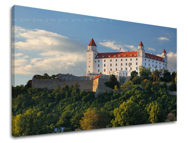Klasický obraz s motívom SLOVENSKO, hrad, stromy v bielo-modrých odtieňoch | Obraz na stenu SLOVENSKO – náhľad