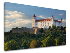 Klasický obraz s motívom SLOVENSKO, hrad, stromy v bielo-modrých odtieňoch | Obraz na stenu SLOVENSKO – náhľad