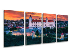 Obraz na plátne s motívom SLOVENSKO, hrad, obloha, stromy, architektúra v bielo-oranžových odtieňoch, pokojná atmosféra, viacdielné prevedenie – hlavný