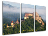 Klasický obraz na plátne s motívom SLOVENSKO, hrad, les, opar, hory v hnedo-sivých odtieňoch, pokojná atmosféra, príroda, trojdielné prevedenie – hlavný