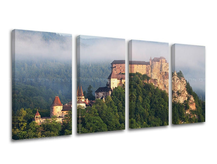 Klasický obraz s motívom SLOVENSKO, hrad, les v sivo-zelených odtieňoch | Obraz na stenu SLOVENSKO, príroda – náhľad