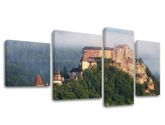 Klasický obraz na plátne s motívom SLOVENSKO, hrad, les, kostol, hmla v bielo-modrých odtieňoch, pokojná atmosféra, príroda, viacdielné prevedenie – hlavný