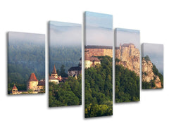 Klasický obraz na plátne s motívom SLOVENSKO, hrad, les, opar, architektúra v sivo-zelených odtieňoch, pokojná atmosféra, príroda, viacdielné prevedenie – hlavný