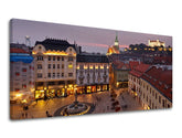 Klasický obraz na plátne s motívom PANORÁMA SLOVENSKO, hrad, architektúra, detský motív, mapa v fialovo-ružových odtieňoch, pokojná atmosféra – hlavný