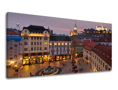 Obraz na plátne s motívom PANORÁMA SLOVENSKO, hrad, architektúra, detský motív, mapa v fialovo-ružových odtieňoch, pokojná atmosféra – hlavný