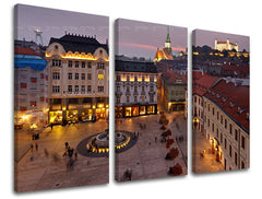 Industriálny obraz na plátne s motívom SLOVENSKO, hrad, architektúra, detský motív, mapa v fialovo-oranžových odtieňoch, pokojná atmosféra, trojdielné prevedenie – hlavný