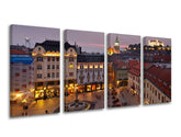 Klasický obraz na plátne s motívom SLOVENSKO, panoráma mesta, hrad, veža, architektúra v fialovo-ružových odtieňoch, pokojná atmosféra, viacdielné prevedenie – hlavný