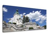 Klasický obraz na plátne s motívom PANORÁMA SLOVENSKO, kostol, obloha, náboženský motív, slovenský motív v bielo-modrých odtieňoch, vhodný do chodby – hlavný