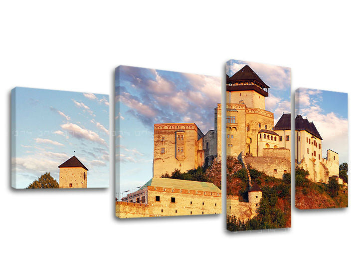 Klasický obraz na plátne s motívom SLOVENSKO, hrad, veža, obloha, oblaky v oranžovo-zelených odtieňoch, pokojná atmosféra, viacdielné prevedenie – hlavný