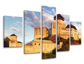 Klasický obraz na plátne s motívom SLOVENSKO, hrad, obloha, architektúra, detský motív v modro-zlatých odtieňoch, viacdielné prevedenie, vhodný do obývačky – hlavný