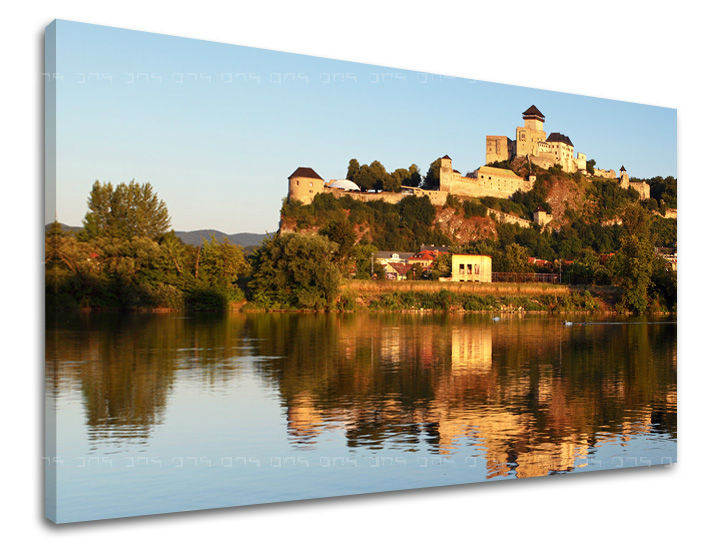 Obraz na plátne s motívom SLOVENSKO, hrad, rieka, stromy, architektúra v béžovo-modrých odtieňoch, pokojná atmosféra, vhodný do kancelárie – hlavný
