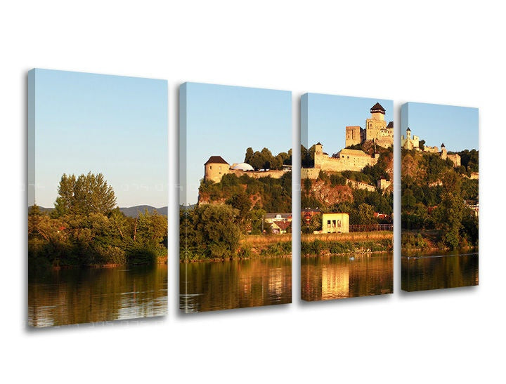 Klasický obraz na plátne s motívom SLOVENSKO, hrad, rieka, stromy, architektúra v modro-zelených odtieňoch, pokojná atmosféra, viacdielné prevedenie – hlavný