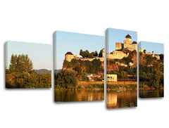 Klasický obraz na plátne s motívom SLOVENSKO, hrad, rieka, stromy, krajina v hnedo-zelených odtieňoch, pokojná atmosféra, príroda, viacdielné prevedenie – hlavný