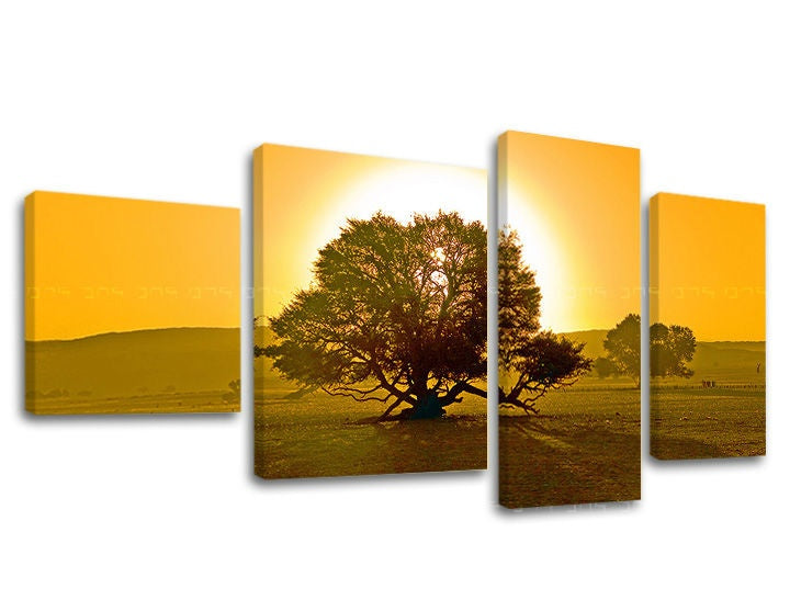Art deco obraz na plátne s motívom strom, západ slnka, pole, obloha, krajina v zlato-žltých odtieňoch, pokojná atmosféra, samota a príroda, viacdielné prevedenie – hlavný