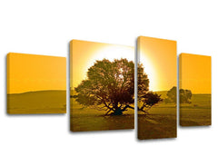 Art deco obraz na plátne s motívom strom, západ slnka, pole, obloha, krajina v zlato-žltých odtieňoch, pokojná atmosféra, samota a príroda, viacdielné prevedenie – hlavný