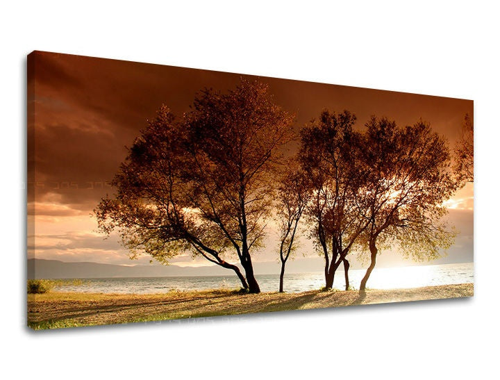 Klasický obraz na plátne s motívom PANORÁMA STROMY, stromy, obloha, západ slnka, krajina v hnedo-oranžových odtieňoch, pokojná atmosféra, vhodný do obývačky – hlavný