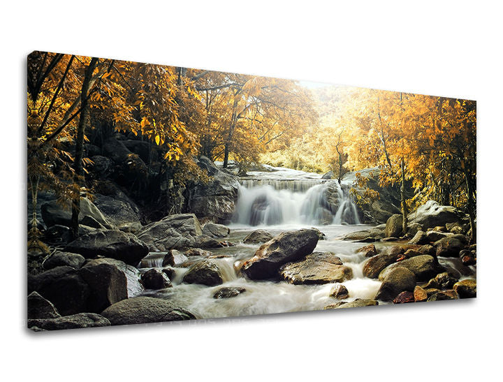 Obraz na plátne s motívom PANORÁMA VODOPÁDY, vodopád, stromy, krajina, príroda v bielo-hnedých odtieňoch, pokojná atmosféra, vhodný do chodby – hlavný