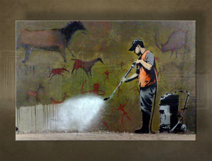 V boho štýle obraz s motívom Street ART – Banksy, krajina, more a pláž v fialovo-modrých odtieňoch | Obraz na plátne Street ART – Banksy – náhľad