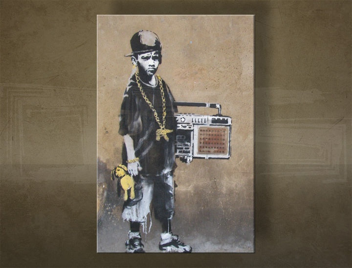 V boho štýle obraz na plátne s motívom Street ART – Banksy, more a pláž v fialovo-modrých odtieňoch, mestský život a detstvo, viacdielné prevedenie – hlavný