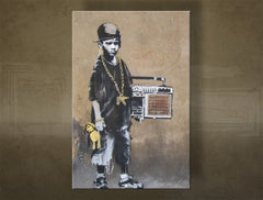 V boho štýle obraz na plátne s motívom Street ART – Banksy, more a pláž v fialovo-modrých odtieňoch, mestský život a detstvo, viacdielné prevedenie – hlavný