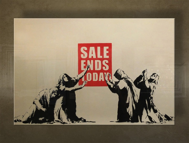 V boho štýle obraz s motívom Street ART – Banksy, more a pláž v fialovo-modrých odtieňoch | Obraz na plátne Street ART – Banksy – náhľad