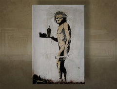 Klasický obraz na plátne s motívom Street ART – Banksy, krajina, more a pláž v fialovo-modrých odtieňoch, viacdielné prevedenie, vhodný do obývačky – hlavný