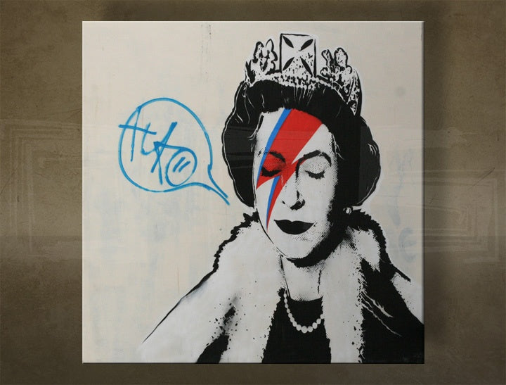 Pop art obraz na plátne s motívom Street ART – Banksy, koruna, graffiti, krajina, príroda v bielo-modrých odtieňoch, ikonografia, vhodný do kancelárie – hlavný