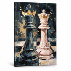 Obraz šachová figúrka kráľa v popredí na plátne — 3D vizualizácia canvasu s viditeľným dreveným podrámkom, Papilora Premium Art.