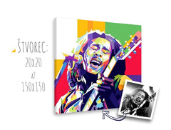Pop art obraz na plátne s motívom gitara, mikrofón, ľudia v bielo-fialových odtieňoch, energická atmosféra, rock and roll, vhodný do obývačky – hlavný