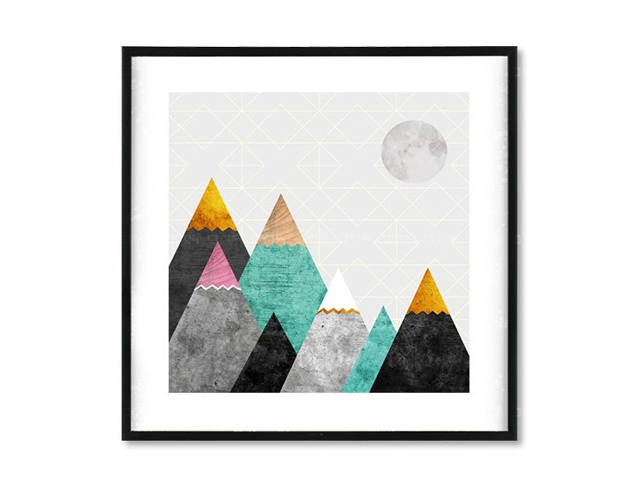 Rustikálny obraz na plátne s motívom Moonlight, hory, mesiac, geometrické vzory, mapa v ružovo-sivých odtieňoch, pokojná atmosféra, vhodný do detskej izby – hlavný