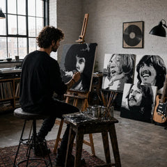 Quadro POP Art dipinto a mano Pulp Fiction 4 pezzi pulp – Atelier Papilora – pittura a mano del quadro POP Art. Colori dominanti: nero, rosso, bianco, grigio, marrone.