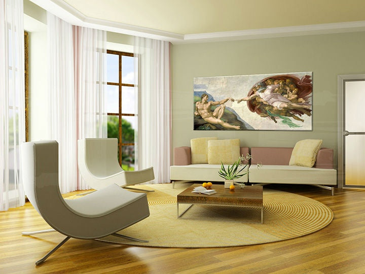 Vintage obraz na plátne s motívom CREATION OF ADAM – Michelangelo REP164, náboženský motív, príroda v béžovo-modrých odtieňoch zavesený v interiéri obývačky – interiér