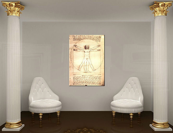 Vintage obraz na plátne s motívom VITRUVIÁNSKY MUŽ– Leonardo Da Vinci v bielo-zlatých odtieňoch zavesený v interiéri pracovne | Obraz na plátne VITRUVIÁNSKY MUŽ– Leonardo Da Vinci – interiér