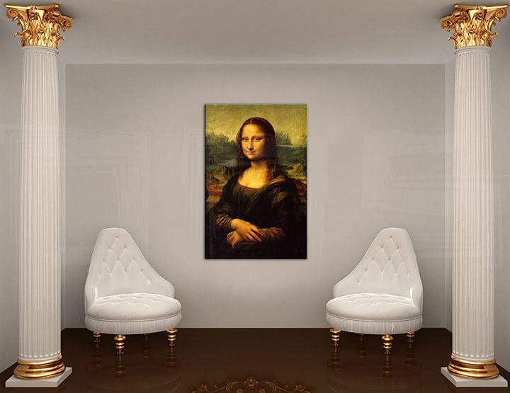 Pop art obraz s motívom MONA LISA – Leonardo Da Vinci, krajina, mestský motív v bielo-zlatých odtieňoch | Obraz na plátne MONA LISA – Leonardo Da Vinci – náhľad
