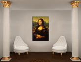 Pop art obraz na plátne s motívom MONA LISA – Leonardo Da Vinci, krajina, mestský motív, príroda v bielo-zlatých odtieňoch zavesený v interiéri pracovne – interiér