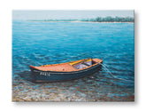 Ručne maľovaný obraz na plátne s motívom LOĎKA, loď, stromy, mapa, príroda v hnedo-modrých odtieňoch, pokojná atmosféra, samota a prímorský život – hlavný