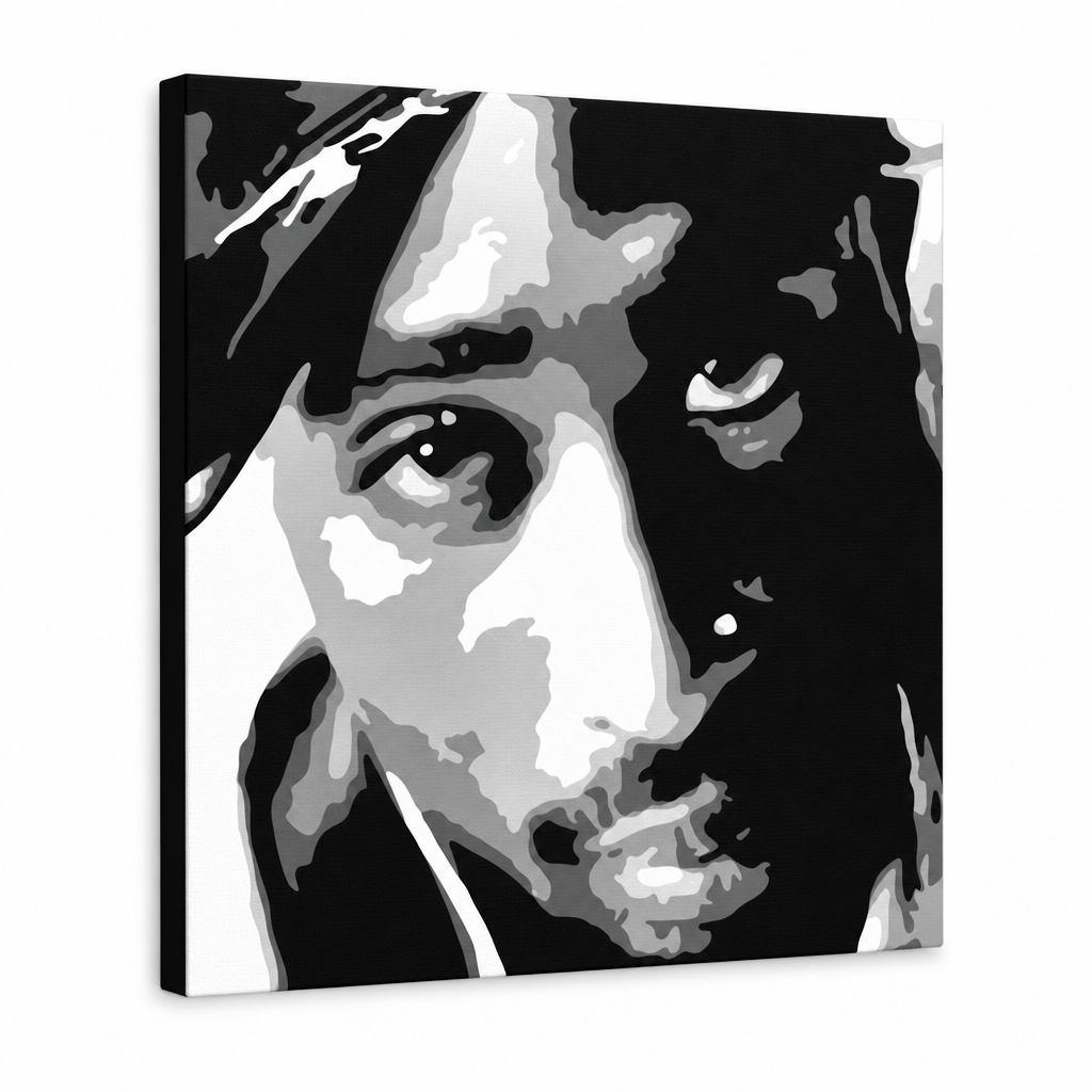 Ručne maľovaný POP Art obraz 2 PAC – 3D vizualizácia ručne maľovaného plátna na bielom pozadí. Dominantné farby: čierna, biela, sivá.