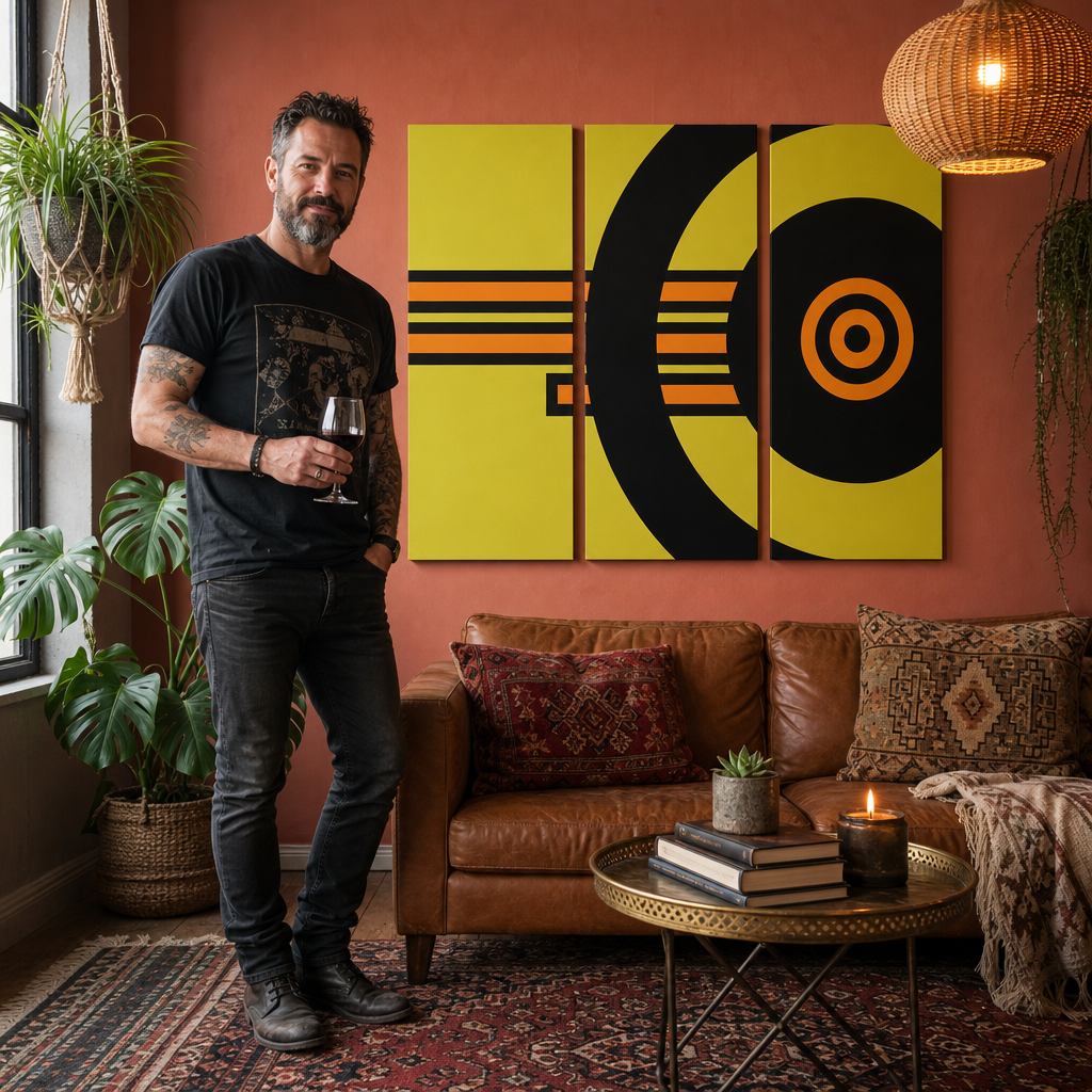 Ručne maľovaný POP Art obraz ABSTRAKT – obraz v modernom mužskom interiéri, lifestyle vizualizácia. Dominantné farby: žltá, čierna, oranžová.