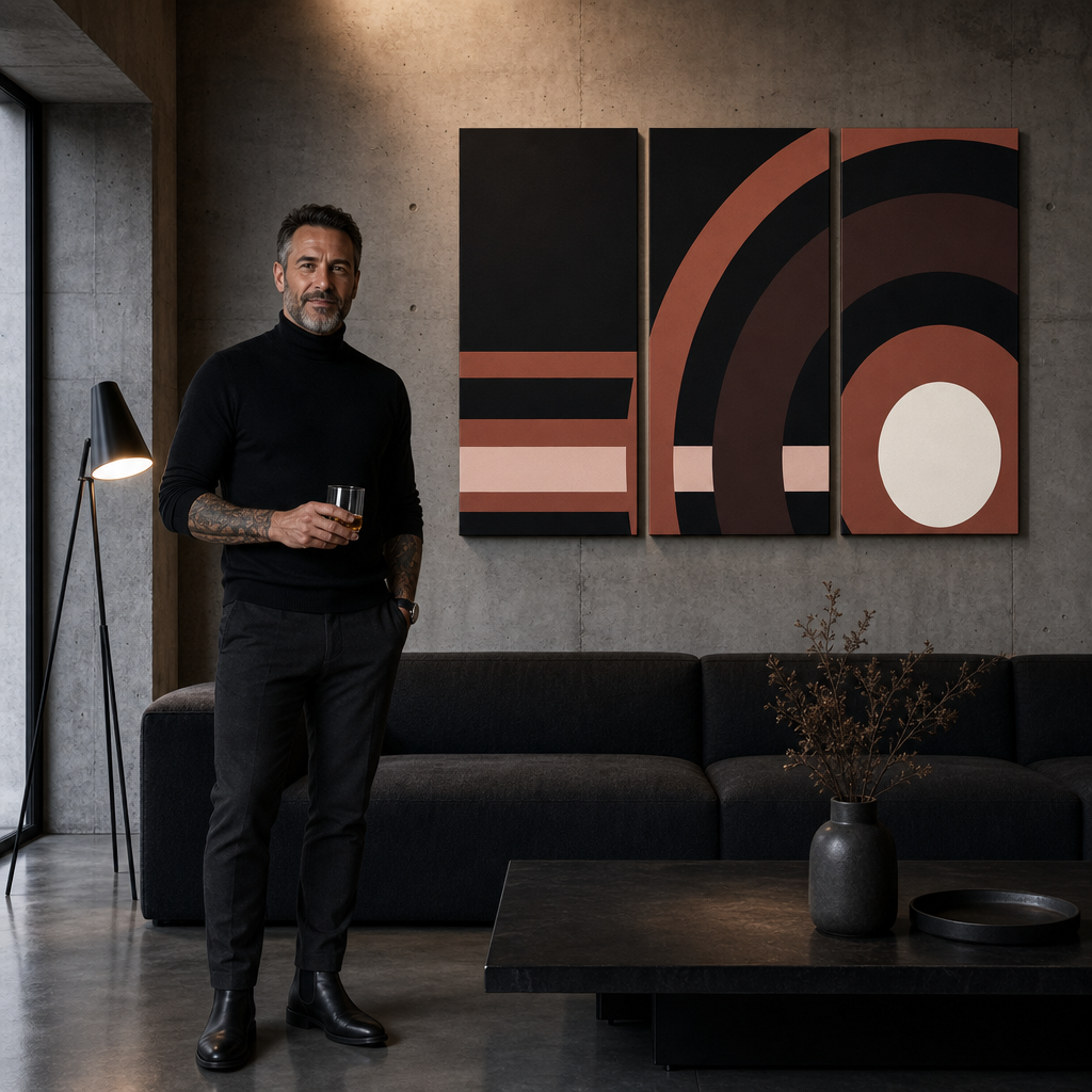 Ručne maľovaný POP Art obraz ABSTRAKT – obraz v modernom mužskom interiéri, lifestyle vizualizácia. Dominantné farby: čierna, hnedá, ružová, béžová.