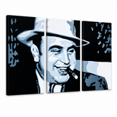 Ručne maľovaný POP Art obraz AL CAPONE | rôzne veľkosti – 3D vizualizácia ručne maľovaného plátna na bielom pozadí. Dominantné farby: čierna, modrá, biela.