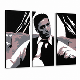 Ručne maľovaný POP Art obraz AL PACINO – 3D vizualizácia ručne maľovaného plátna na bielom pozadí. Dominantné farby: čierna, sivá, ružová, biela, hnedá.